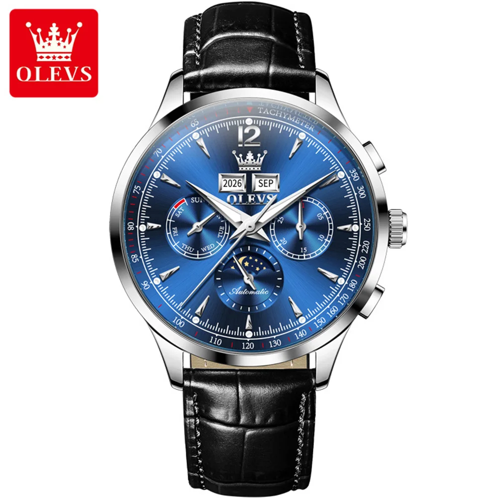 

OLEVS 7128 Multi functional Watch for Men Waterproof Luminous Leather Strap Business Automatic Mechanical Men's Watch