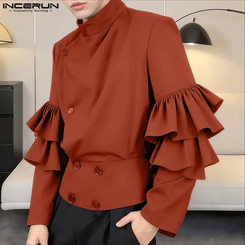 INCERUN Kemeja Pria Kerah Berdiri Polos Ruffle Pakaian Pria Kancing Lengan Panjang Kemeja Pria Kasual Fashion Jalanan Longgar S-5XL