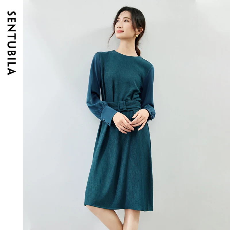 

SENTUBILA Patchwork Midi Dress for Women 2025 Autumn Spring Elegant Ladies Long Sleeve Straight Solid Belted Dresses 141L54192X
