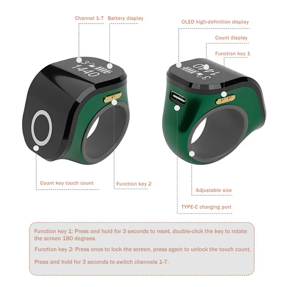 OLED Super Large Dual Screen Thumb Counter Touch Screen Ultra-light Type-C Charging Adjustable Sports Counting