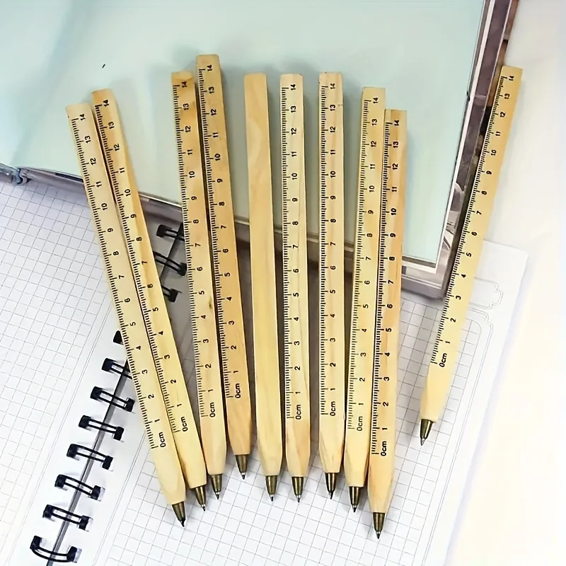 

3pcs Wooden Multifunctional Ballpoint Pens with Built-in Ruler - Light Wood Finish, Perfect for School, Office & Writing Tasks