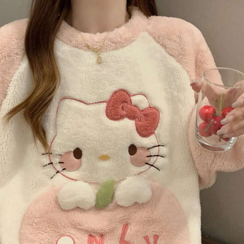 

Cartoon Kitty Pajamas Two-piece Set Trousers Soft Cute Girl Loungewear Cozy Warm Sleepwear Coral Velvet Winter Christmas Gift