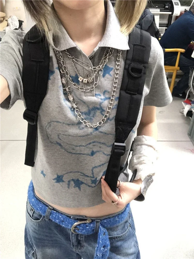 Deeptown Gray Cartoon Print Women Cropped T-Shirts Y2k Short Sleeve Polo Collar American Vintage Tee Slim Harajuku Casual Summer
