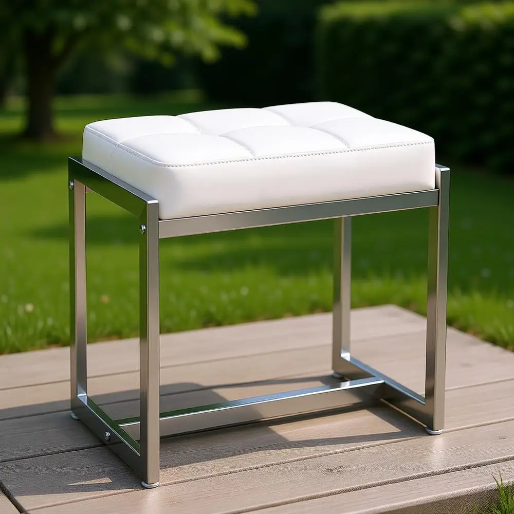 

Leather Makeup Vanity Stool with Silver Legs for Bedroom and Living Room, White & Silver Finish