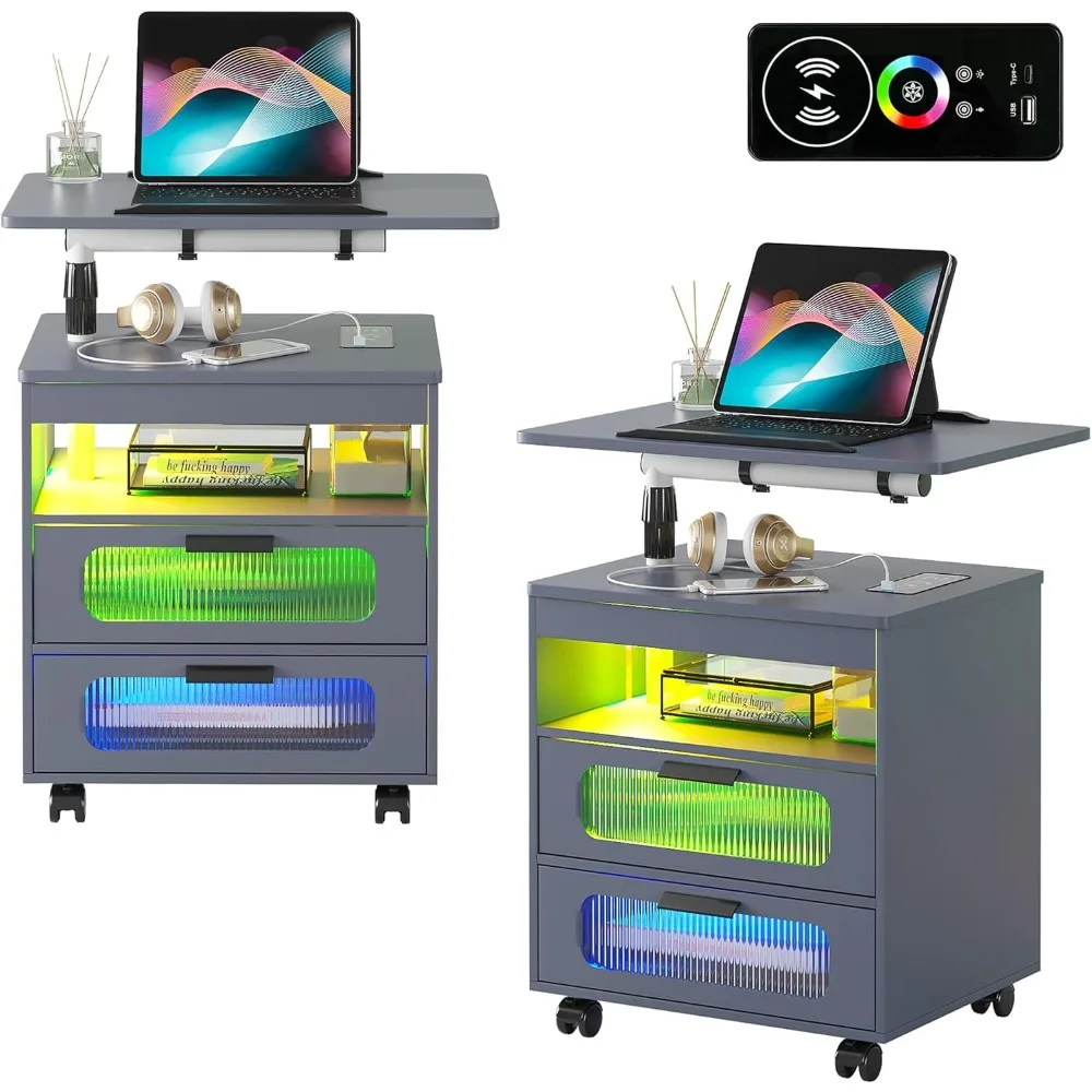 

LED Nightstand Set of 2 with Wireless Charging Station, Smart Night Stand with Adjustable Rotary Table, Modern Bed Side Table