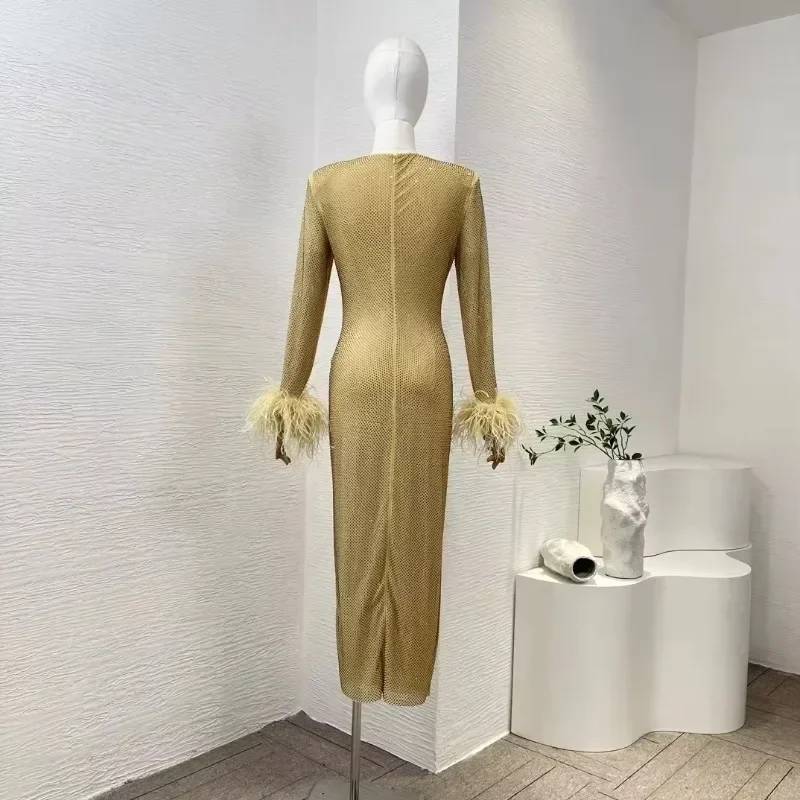 Top Quality Women Clothing 2024 Spring Golden Diamonds Wrinkled Bodycon Long Sleeve for Party Midi Dresses