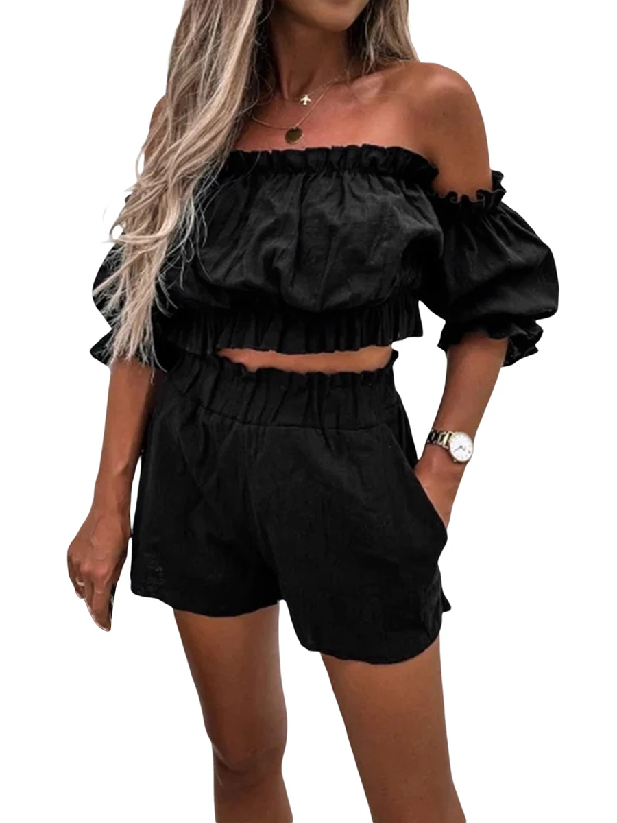 Frauen Sommer 2 Stück Outfits einfarbig schulter frei Kurzarm Wickel Brust Ernten Tops hohe Taille Shorts Set