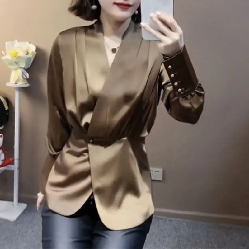 Female Clothing Solid Color V-Neck Blouse Commute Waist Slim 2023 Spring Autumn Casual Long Sleeve All-match Korean Button Shirt