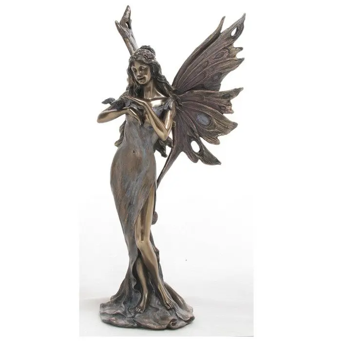 Vintage Forest Fairy Statue Cold Cast Bronze Finish Resin Figurine Butterfly Wing Elf Sculpture Home Room Decorative Ornament