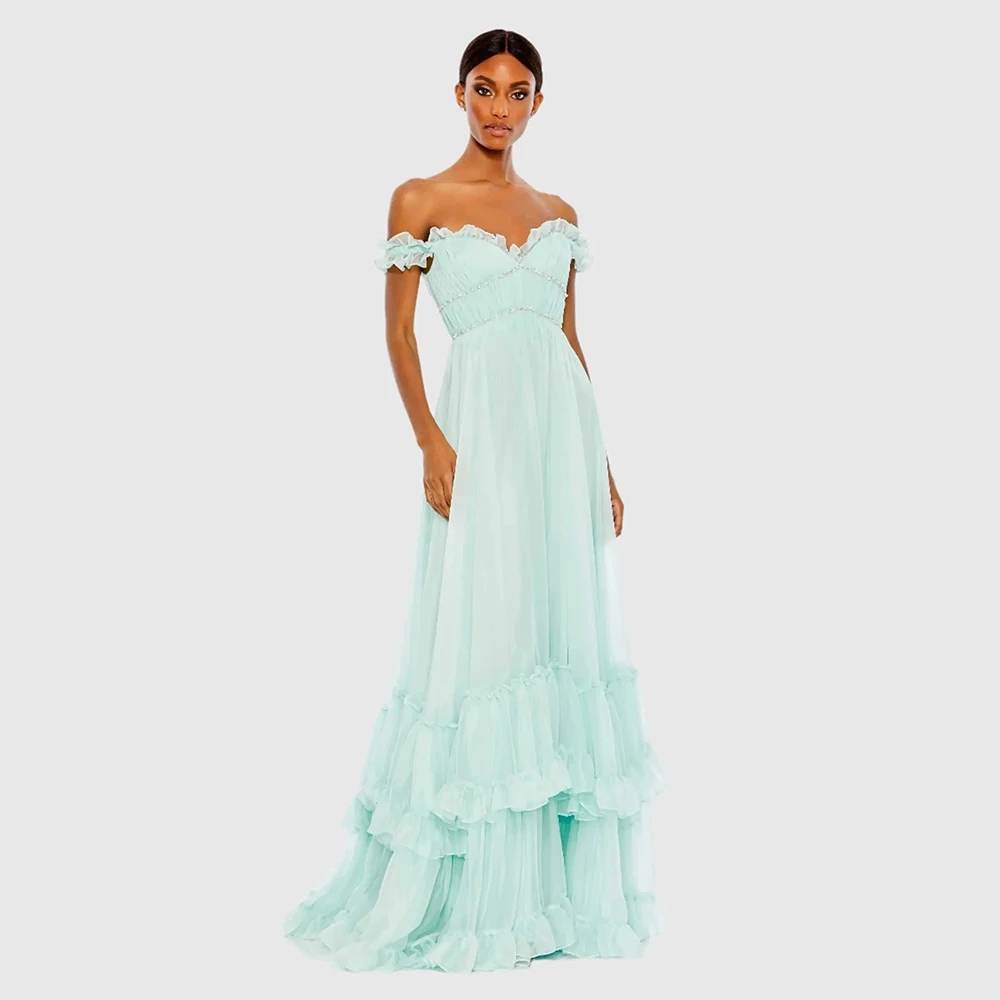 

2025 Пром платья для женщин с открытыми плечами и рюшами, трапециевидные платья для выпускного вечера для женщин, многоуровневое вечернее платье с милыми кристаллами, длинное