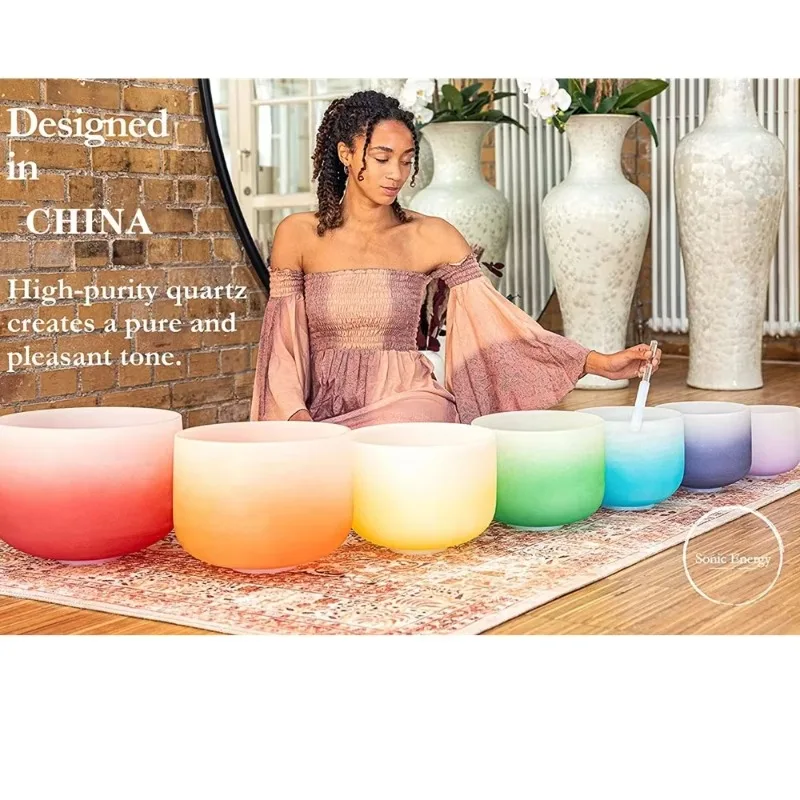 

Набор поющих чаш из матового кварцевого кристалла чакры 6-12 дюймов, полуцветный градиентный дизайн с футлярами