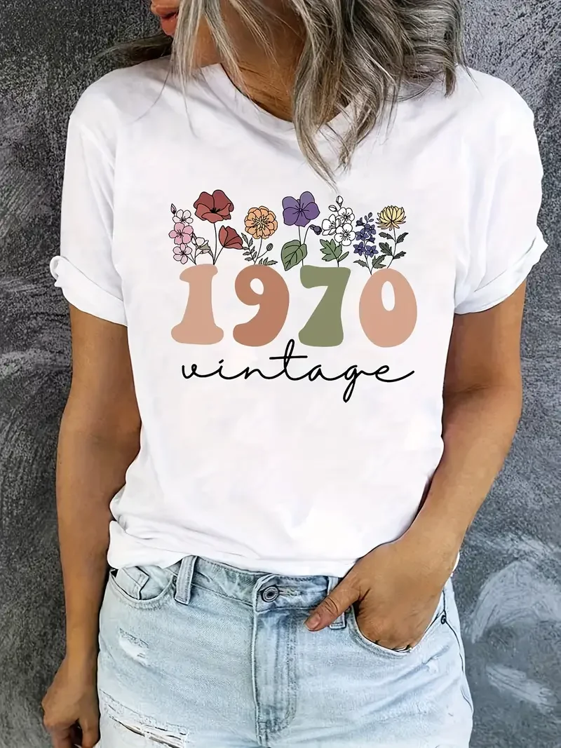 Summer 1970 Retro Birth Year Digital Flower Print Women's T-shirt Casual Simple Round Neck Short Sleeve