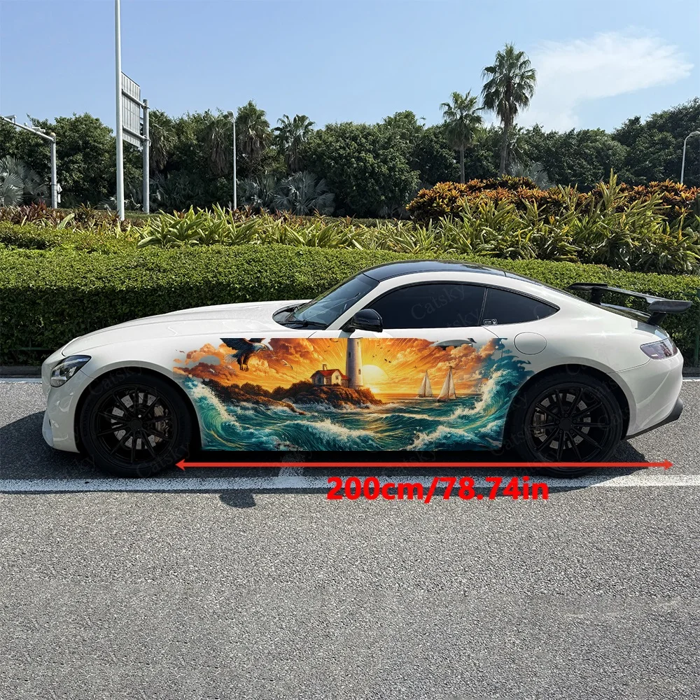 2Pcs Twilight Lighthouse Coast Car Side Stickers, Automotive Door Side Graphics for Cars, Car Decoration Accessory
