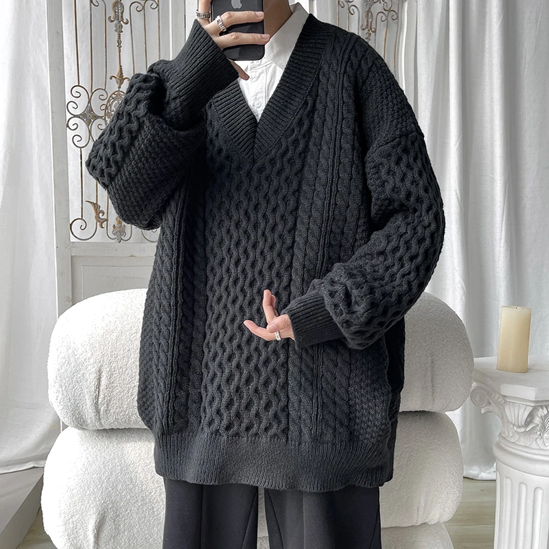 Winter Sweater Men Warm Oversized Casual Knitted Pullover Men Korean Loose V-neck Long Sleeved Sweater Mens Jumper Clothes