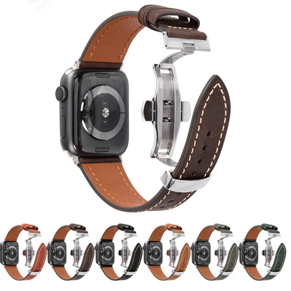 Luxury Genuine Leather Butterfly Buckle Strap for IWatch Serie 3 4 5 6 Se 7 BandFor Apple Watch 38MM 40MM 42MM 44MM