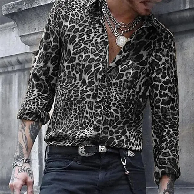 2024 Leopard Print Pattern Lapel Button men\'s Shirt 3D Printed Casual Fashion Long Sleeved Shirt Street Unisex Clothing Top