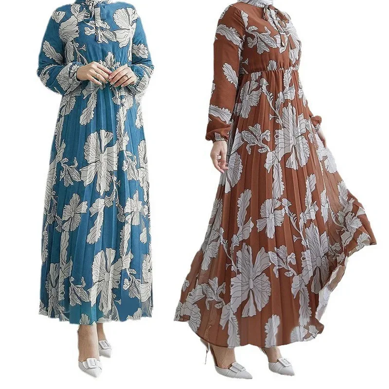 Ramadan Eid Muslim Abaya for Women Flower Print Dresses Morocco Dubai Abayas Kaftan Islam Vestidos Arab Long Robe Jalabiya