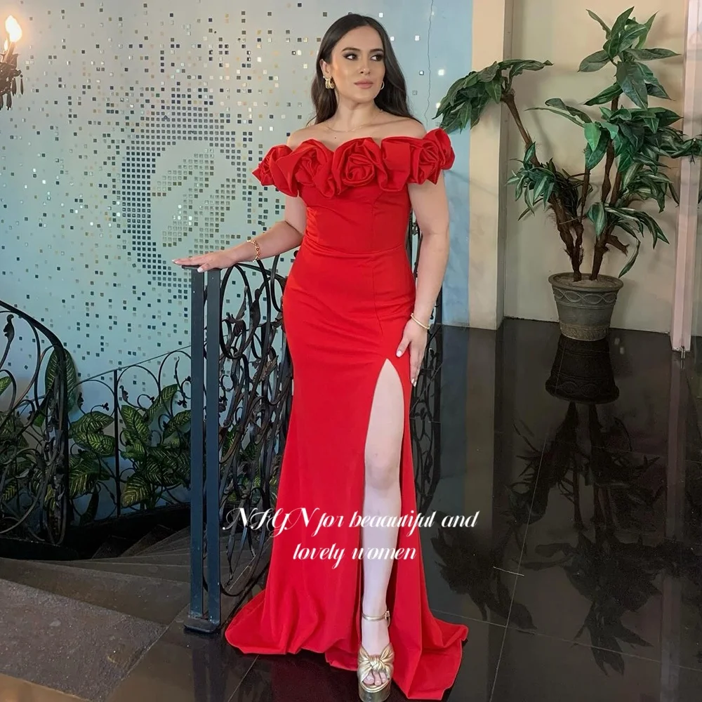 

NFYN Mermaid Party Gowns 3D Flowers Crepe Off Shouler Prom Dresses Mermaid Evening Gowns Elegant robes de soirée Customized