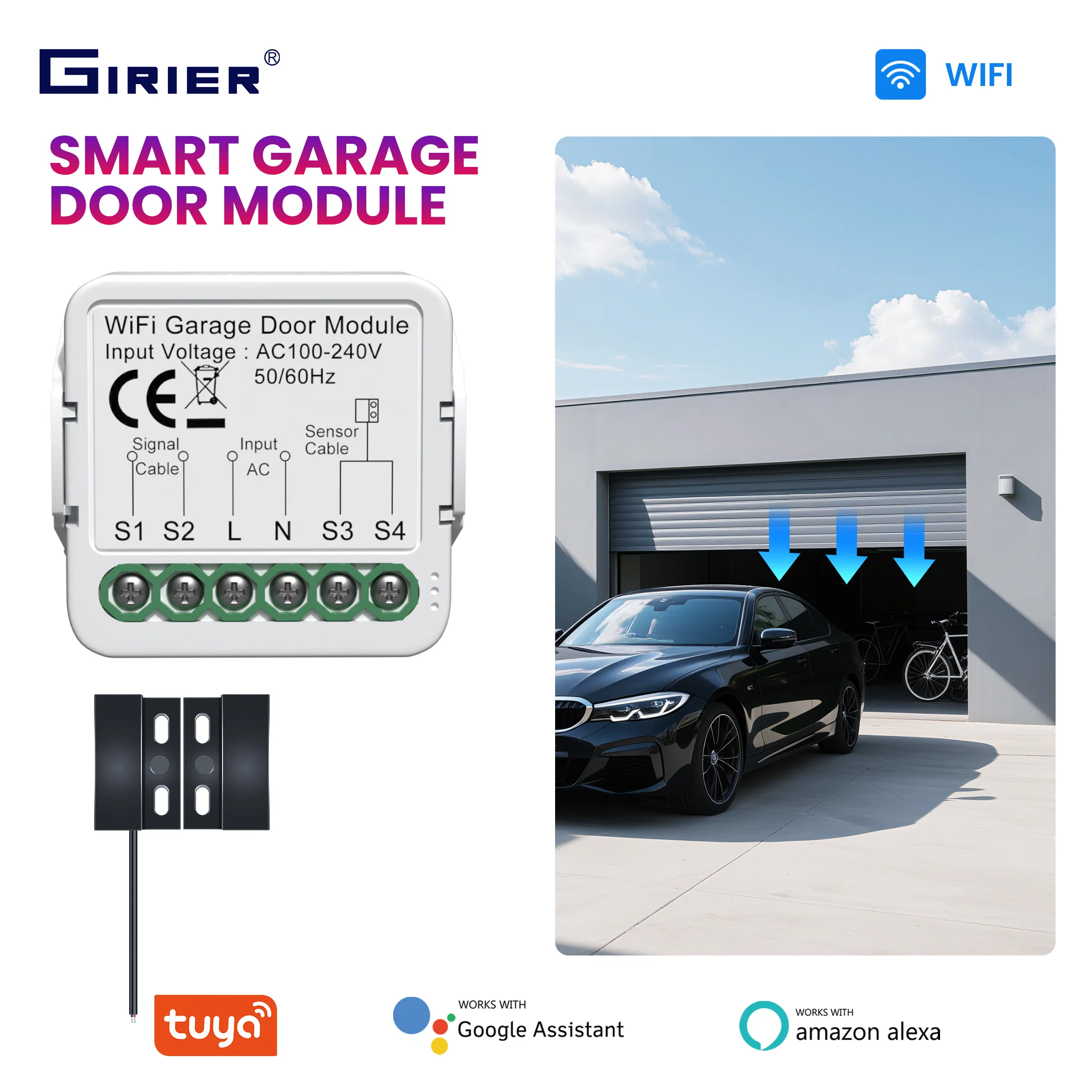 GIRIER Tuya Smart WiFi/ZigBee Garage Door Controller Module Support APP Remote Timing Functions Compatible with Hey Google Alexa