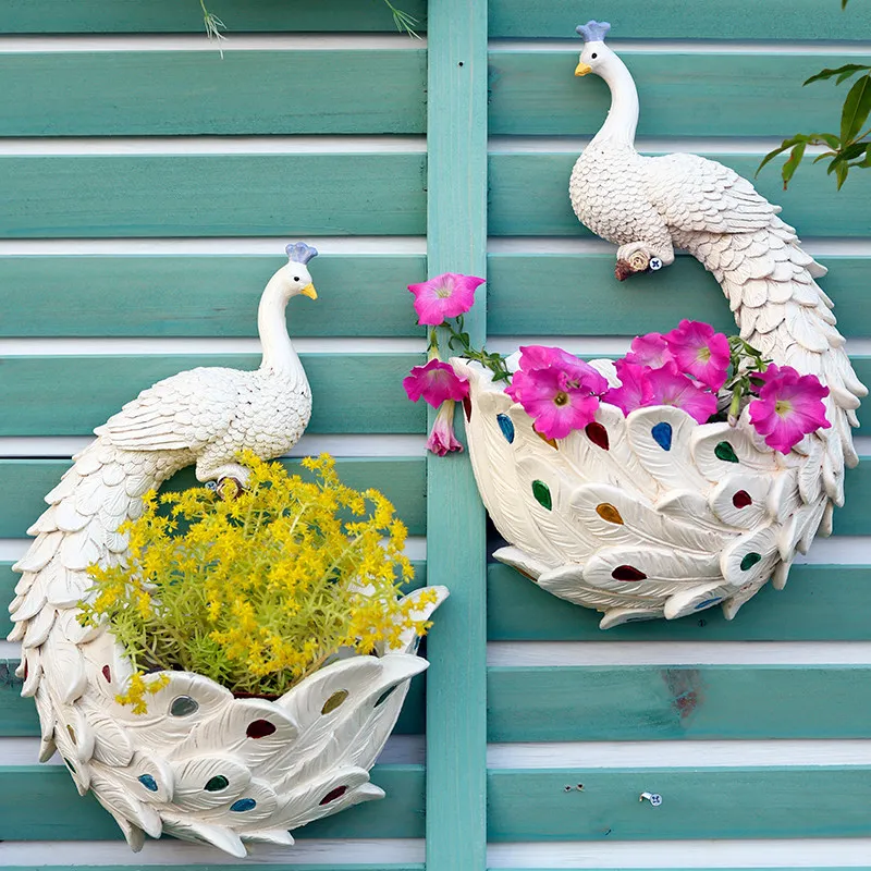 Creative Resin Peacock Wall Hanging Flower Pot Outdoor Courtyard Balcony Wall Bonsai Pot Landscaping Crafts  Garden Decoration