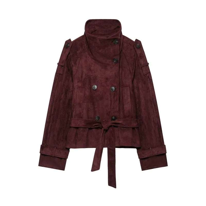 Women Suede Texture Jacket with Belt Mid Length Lapel Collar Button Front Loose Outerwear Vintage Autumn Winter Fashion