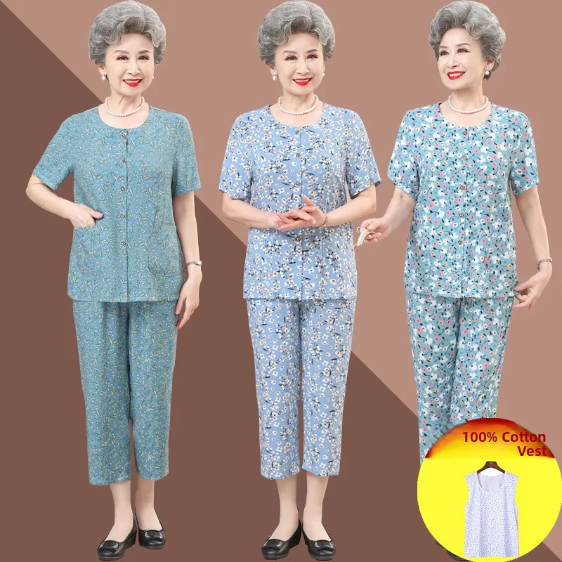 

Lightweight Cotton Silk Two-Piece Set Short Sleeve Open Cardigan Home Clothes for Elderly Women Summer Fashion Elderly Wear