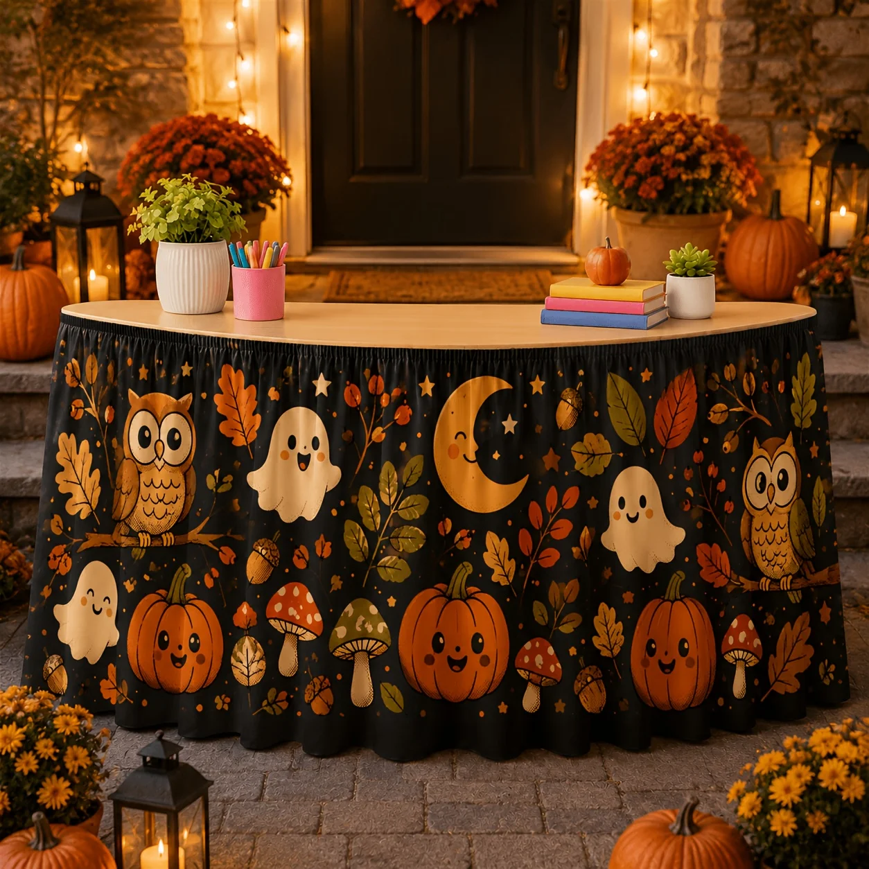A table flag table skirt. Retro autumn Halloween table skirt. Cute owl smiling.