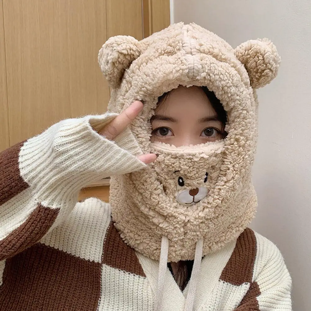 Cute Little Bear Scarf Hat Warm One Piece Hat Female Winter Student Lamb Hair Korean Version Hooded Mask Plush Hat