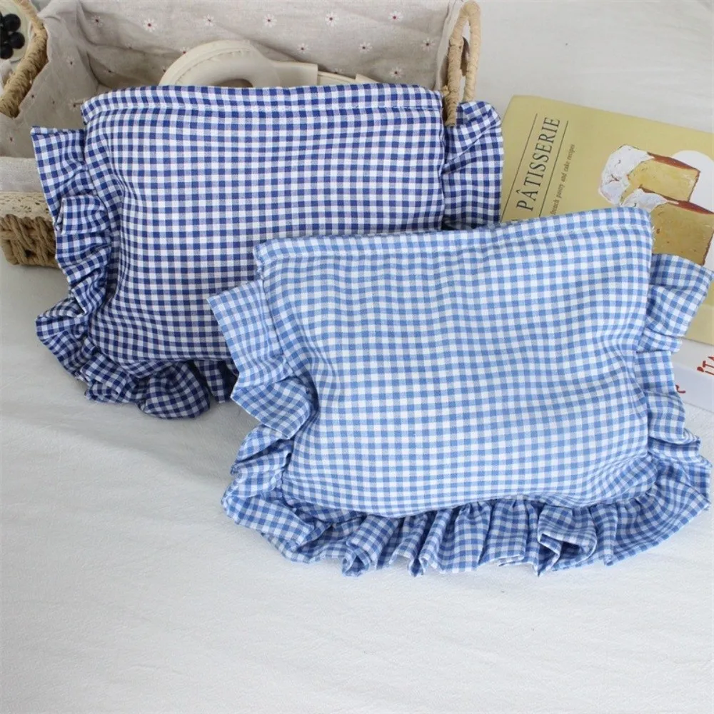 Cute Ruffle Plaid Makeup Bag Large Capacity Portable Cosmetic Pouch Zipper Handbag Gift
