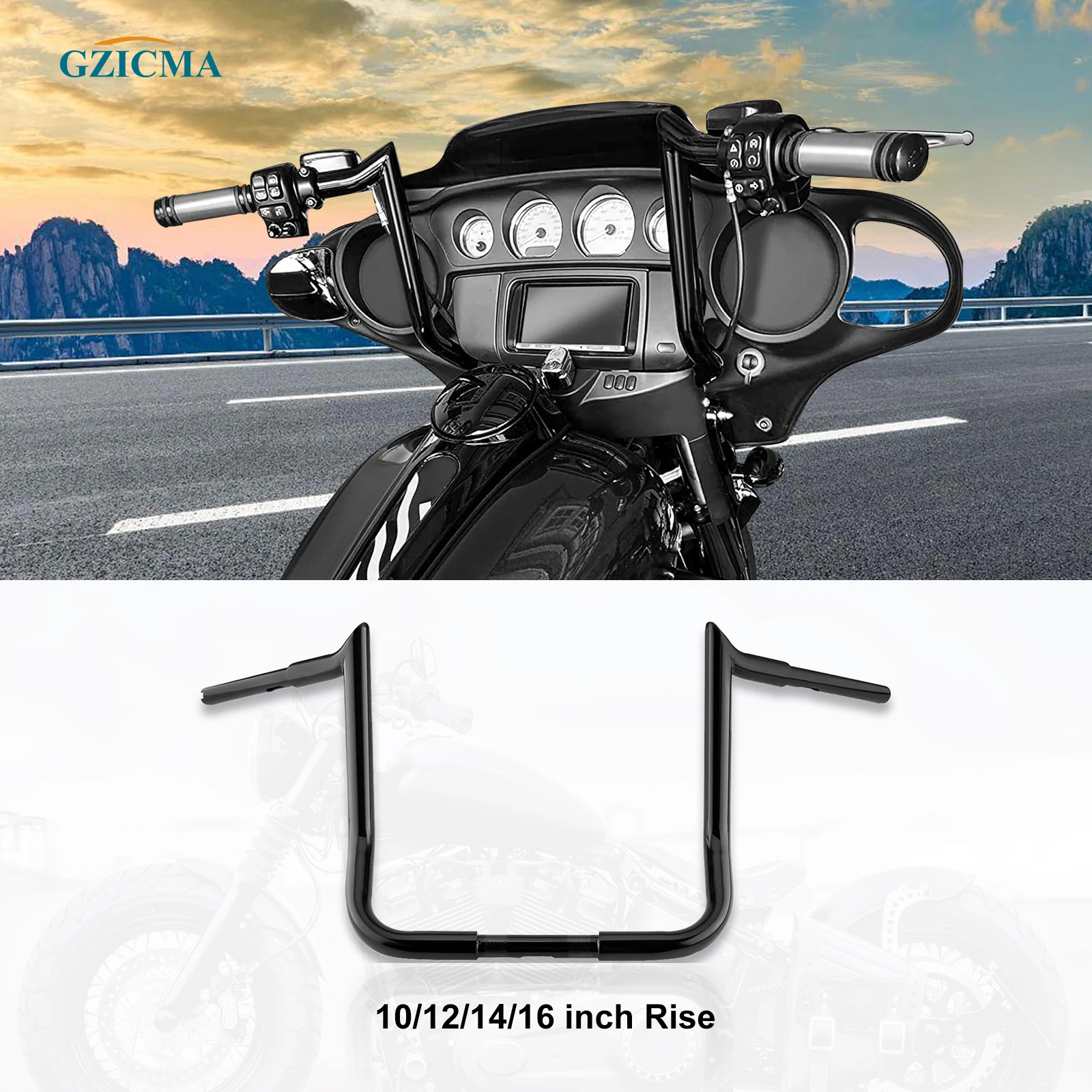 

GZICMA Street Glide Motorcycle Handlebars 10/12/14/16" Rise 1.25 inch Fat Black for Harley Touring 1986-2023 Electra Glide CVO