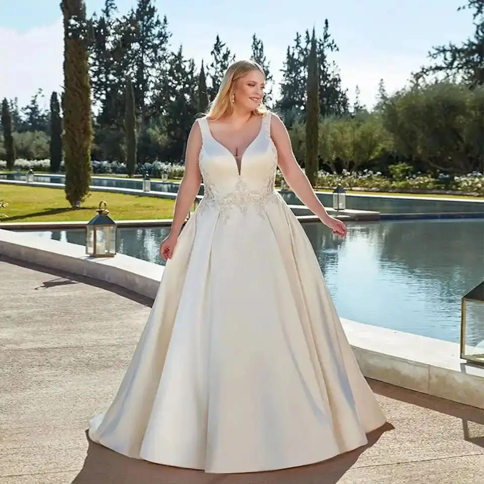 Graceful Weddingdress Satin Embroidered Lace With A-Line V-Neck Sleeveless Ballgown Customized Button Vestido De Novia Plus Size
