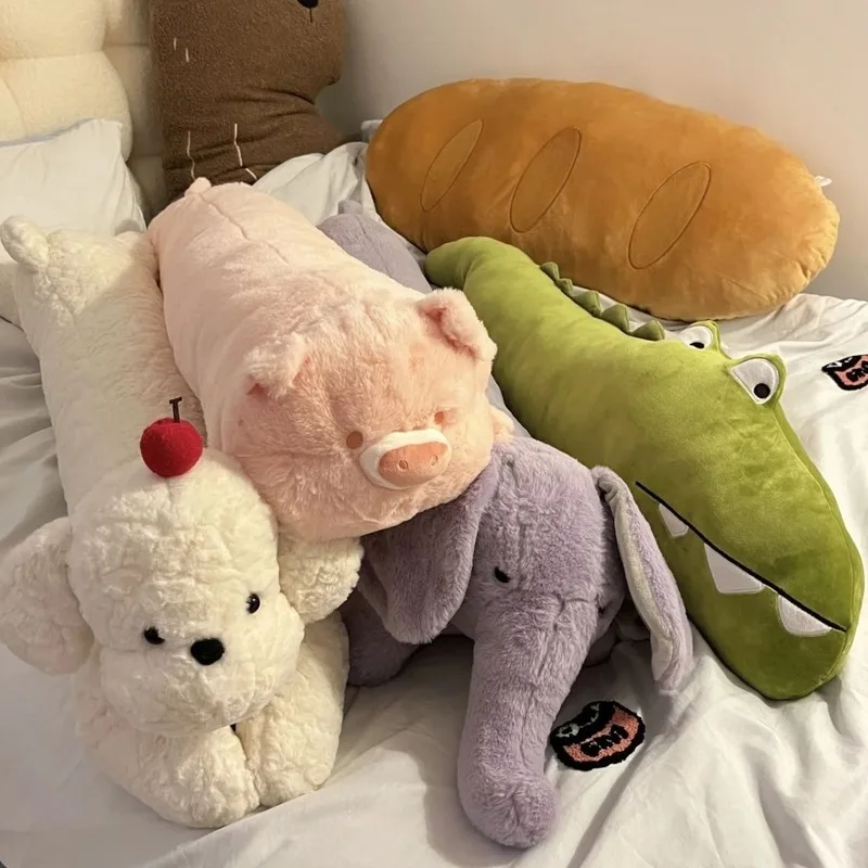 Cute Animal Plush Long Pillow Soft Stuffed Dog Hippo Rabbit Doll Side Sleep Leg Support Cushion For Bedroom Home Decor