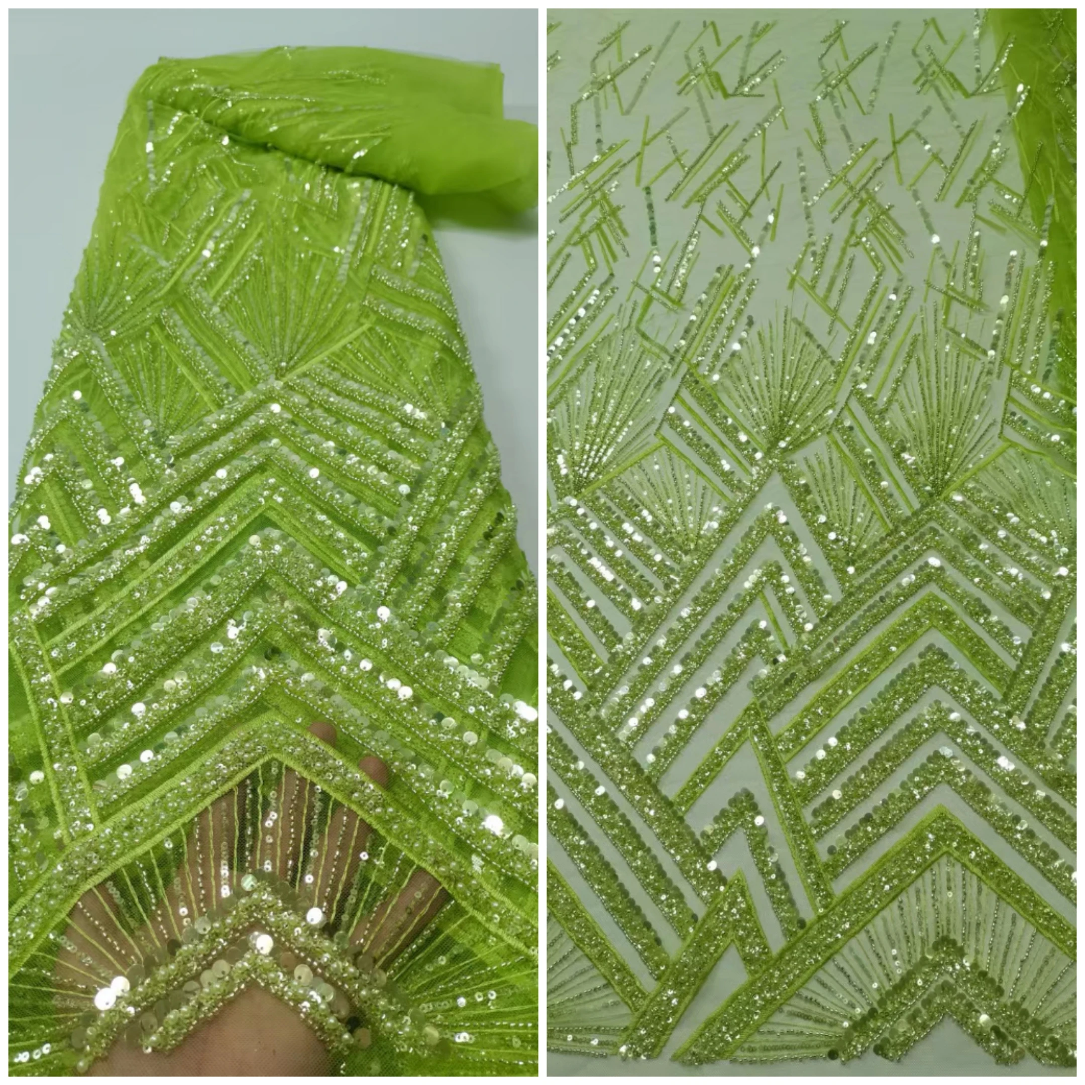 

Lemon Green Sequins 15SU-93101 New Unique Design Embroidery with Beads French Nigerian Lace Fabric Tulle African Evening Dress