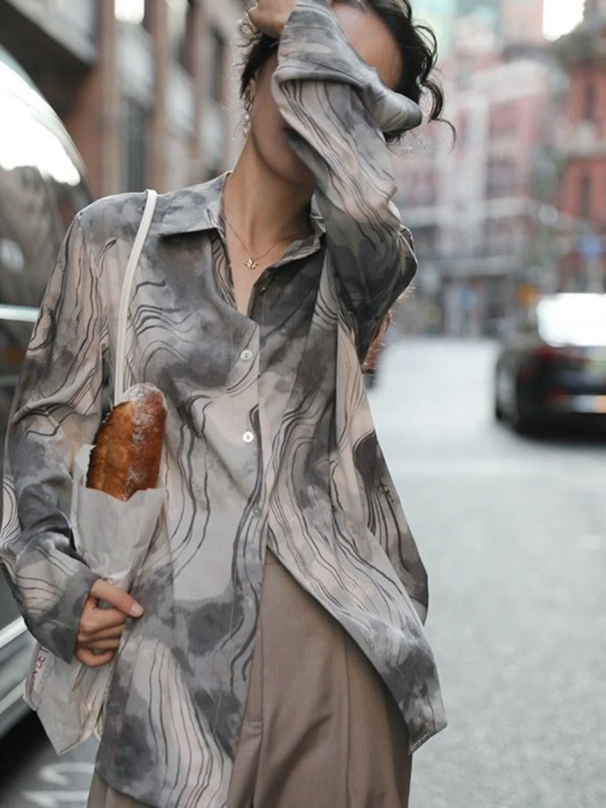 

Hielf Vintage Print Long Sve Women's irt Loose Flowing Design Slimming Casual Collar Open Cardigan Sle