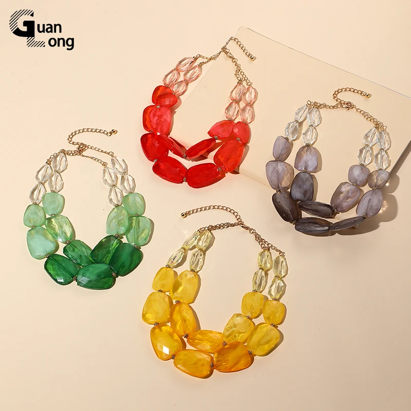 GuanLong  Fashion Multi-layer Choker Necklaces For Women Trendy Jewelry Short Colorful Beads Pendant Necklace Accessories Summer