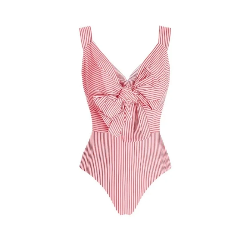 2025 Retro One Piece Swimsuit Women Bow Tie Swimwear with Skirt Sexy Bathing Suit Striped Monokini Beach Bodysuit Beach Wear