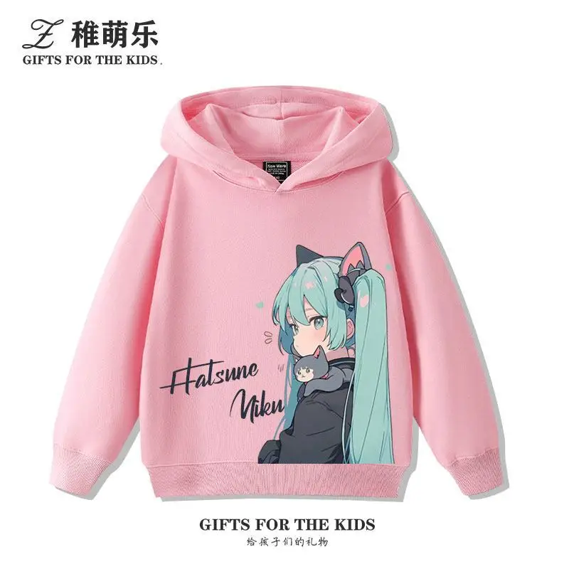 New Hatsune Miku Anime Character Child Hooded Sweatshirt Girl Holding Small Cat Front Print Pullover Loose Fit Long Sleeve Tops
