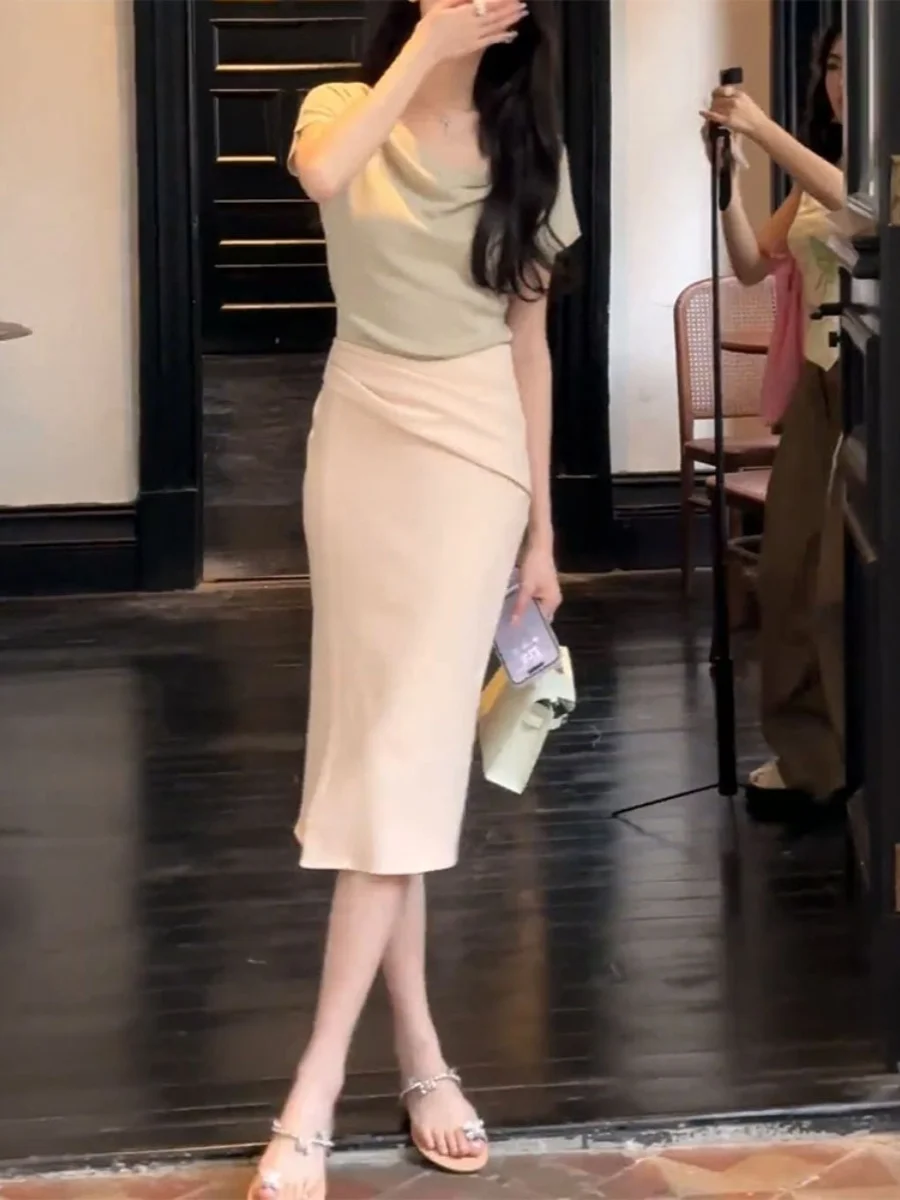 

Удобная женская юбка-миди с разрезом, однотонная, летняя, новинка, в корейском стиле, для повседневной носки