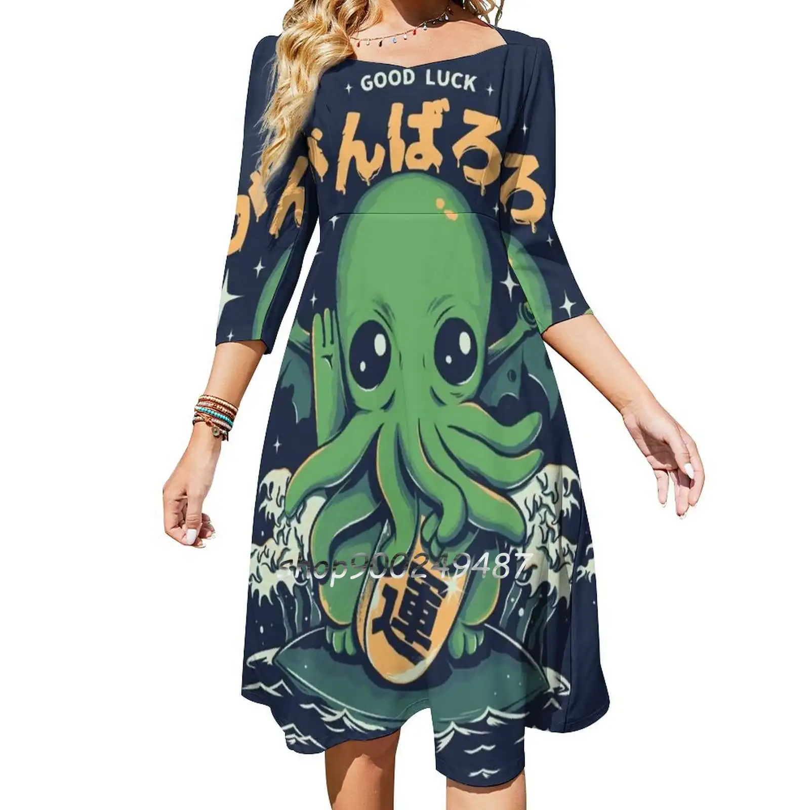 Good Luck Cthulhu Square Neck Dress Sweet Summer Dress Women Elegant Halter Print Dress Monster Cthulhu Lucky Lovecraft Neko