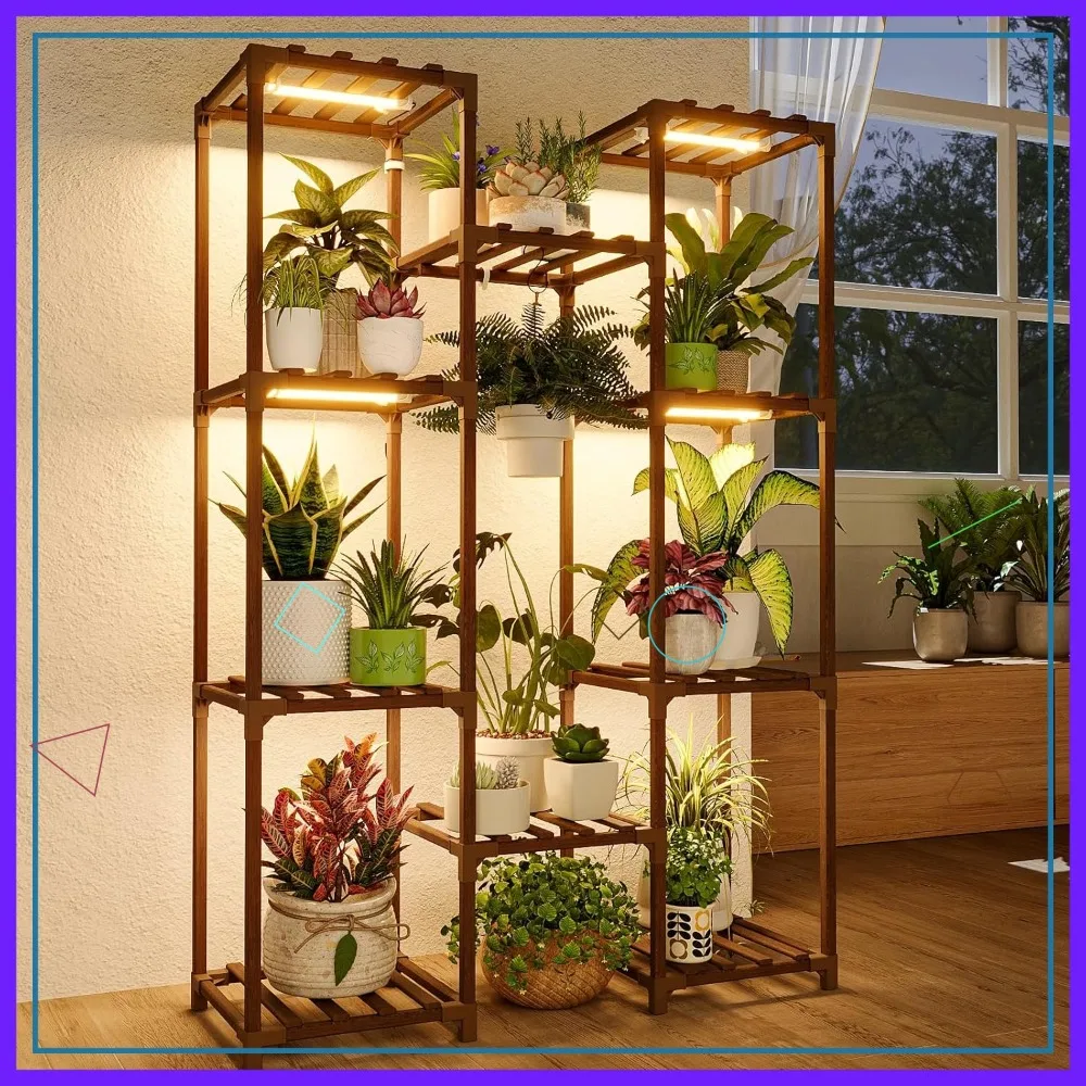 

Plant Stand with Grow Light for Multiple Pots, Large Holder for Living Room Patio Boho Home Decor Gardening Warm Light