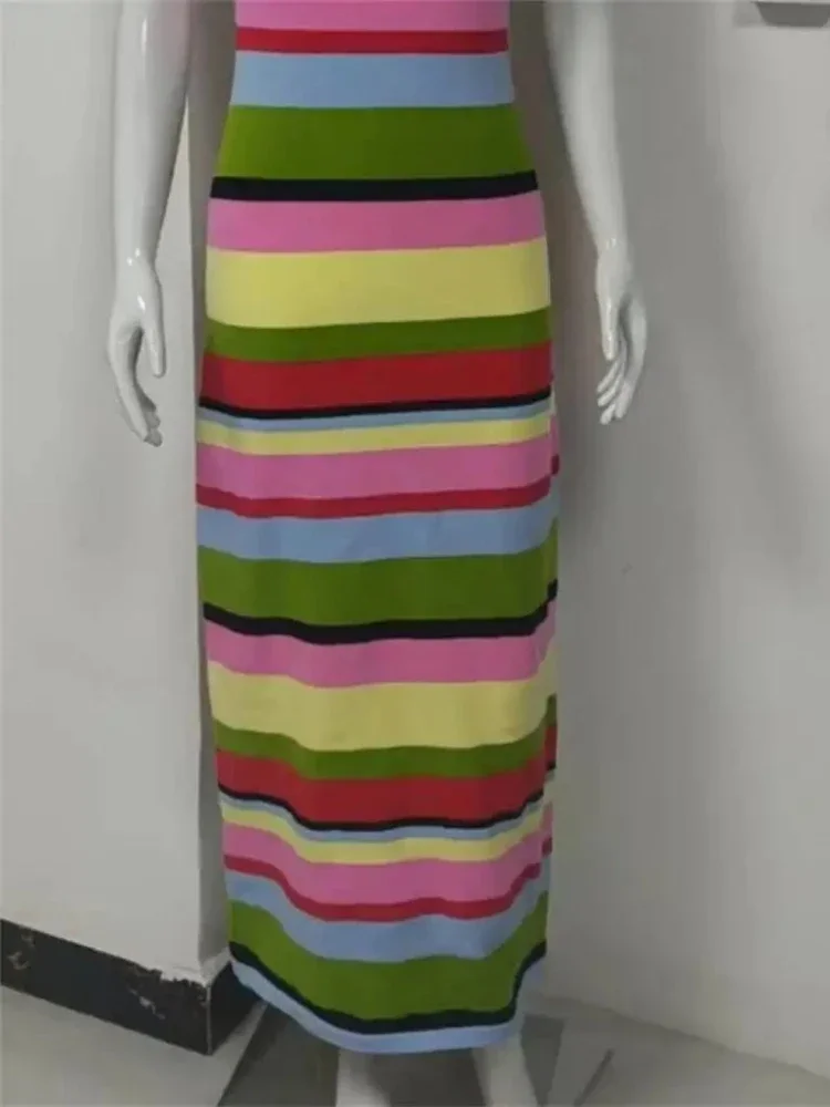 Chaxiaoa Striped Knit Sexy Maxi Dress for Women Autumn Fashion Patchwork Contrast Color Sleeveless Bodycon Long Tank Dresses