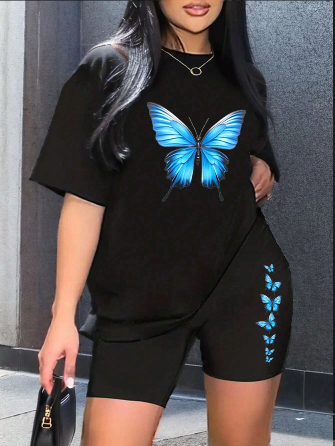 Dream Blue Butterfly Print Women T Shirts Two Piece Set Fashion Hip Hop Short Sets Breathable Soft Summer Shirt Shorts Female