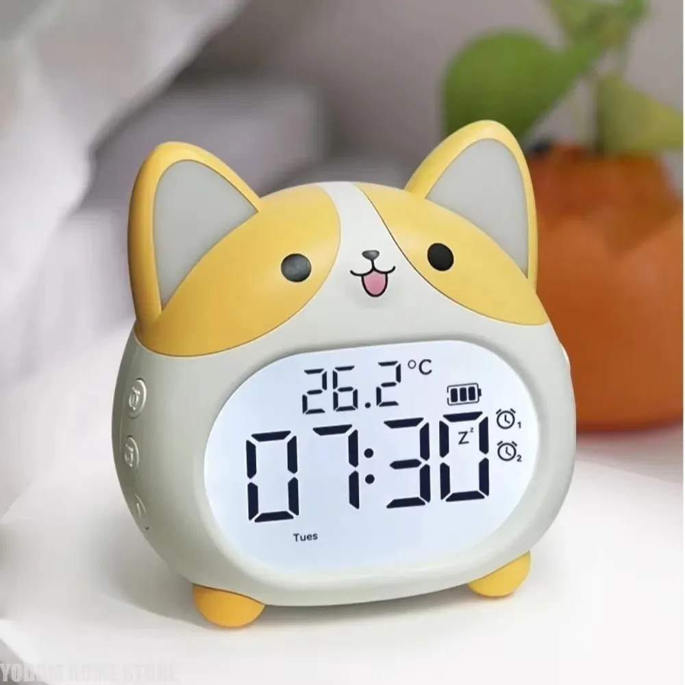 Cute Corgi Dog LED Alarm Clock, Multifunctional Digital Clock with Time Date Display Creative Desktop Bedroom Decor Gift