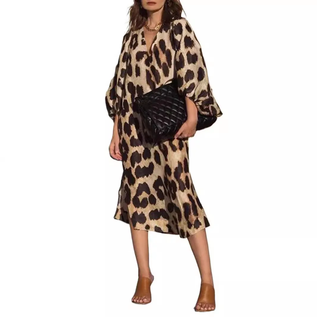 جديد الخريف المرأة ليوبارد طباعة ميدي تنورة الخامس الرقبة فضفاضة ثلاثة أرباع كم فانوس كم مطبوعة فضفاض ليوبارد طباعة فستان #6