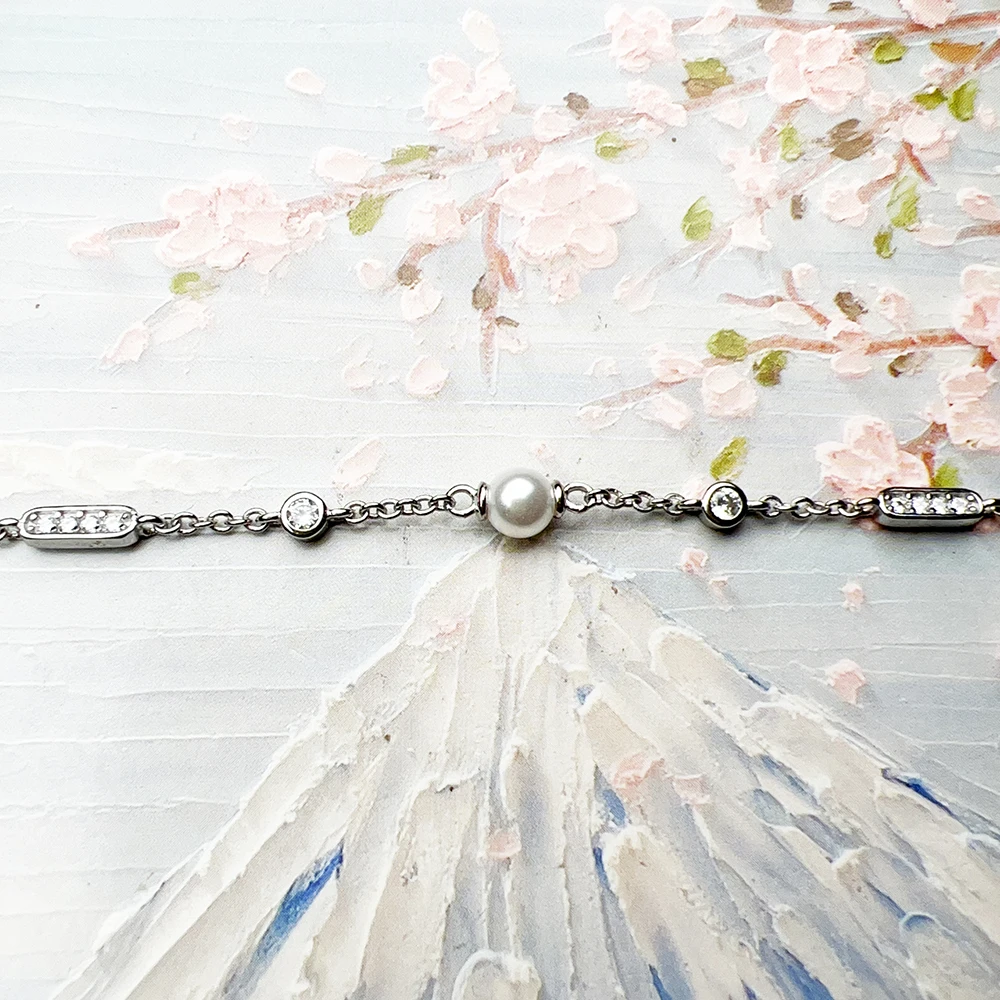 Armband mit Süßwasserperle und weißem Stein, 925er Sterlingsilber, edler Schmuck, Europa, klassisches Geschenk für Damen – Detail 6
