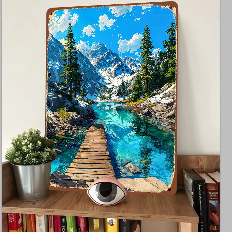 Alpine Lake Snow Mountain Landscape Metal Wall Art Decor for Living RoomModernHome Decor