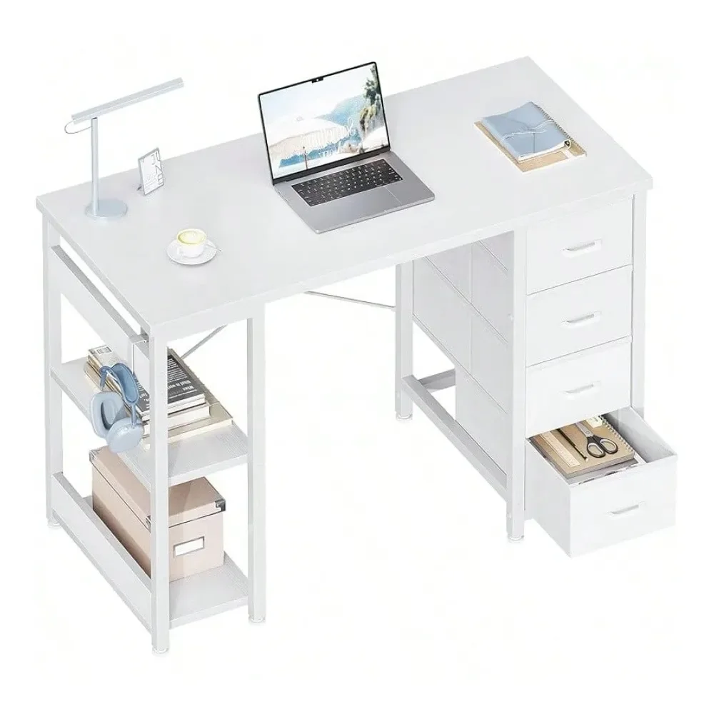 

40 Inch Small White Computer Desk With 4 Fabric Drawers, Modern Office Desk For Home Office Gaming With Storage Shelves Study,