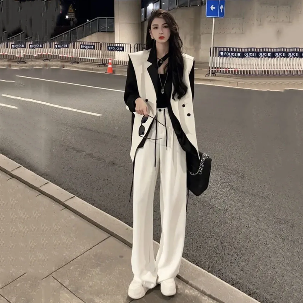 Women Shorts Sets Outfits 2024 Spring Autumn Three Piece Set Vest Jacket +Long Sleeve Shirt + Black Suit Shorts Women's 3pc Suit