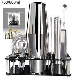 13 Piece 750ml 600ml Cocktail Shaker Set Stainless Steel Bar Tools with Black Stand, 750ml Shaker, Jigger, Spoon, Pourers