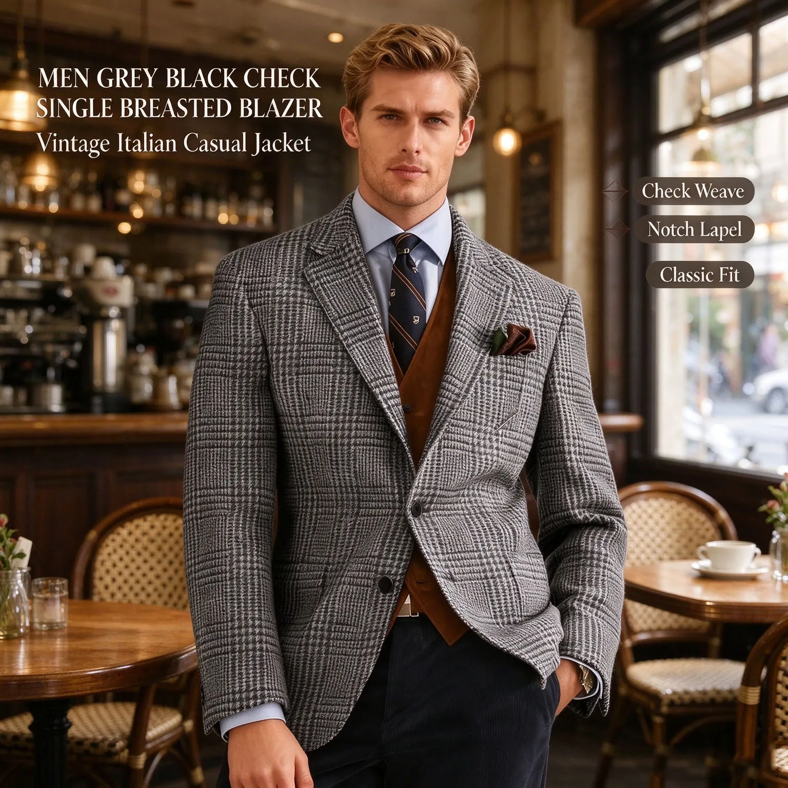 Autumn Winter Men's Suits Jacket Formal Single-Breasted Plaid Blazer Tweed Wear Tuxedos Business Casual Party Men Sport Coats